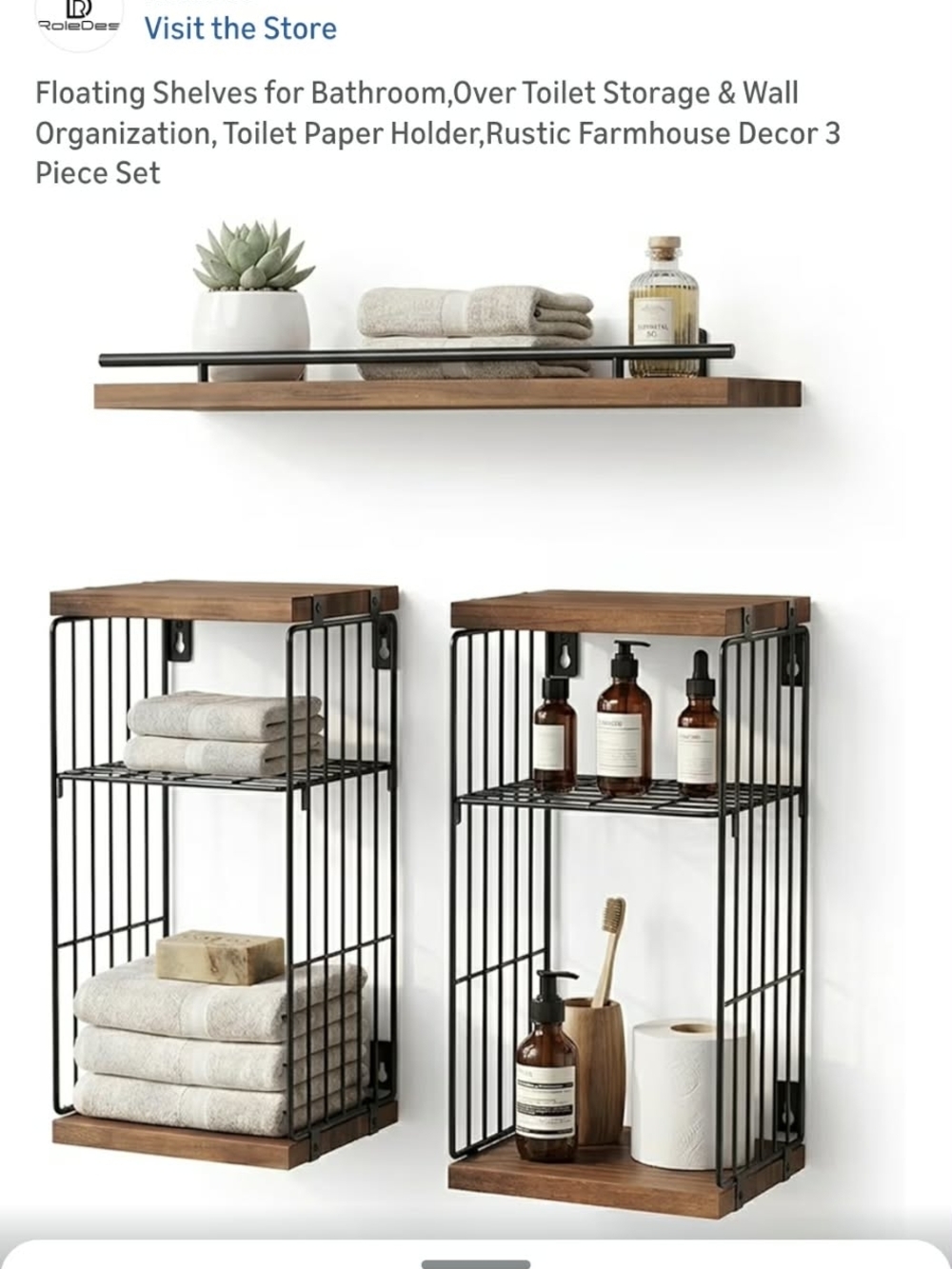 Rustic Wood & Black Metal Floating Bathroom Shelves - 3 Piece Set